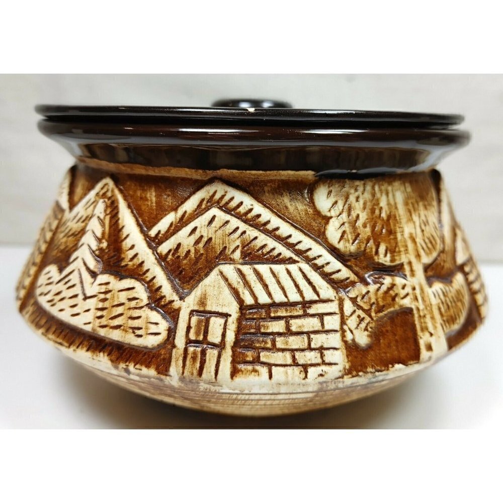 VTG Sunrise Brown Pottery Carved Clay Lid Houses Trees Outdoor 3D Design Glazed